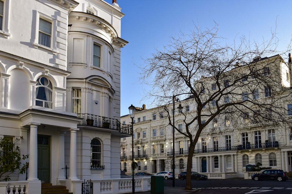 The image depicts a street scene outside a white, Victorian-style terraced house with decorative architectural details, large windows, and a small balcony on the second floor. A leafless tree stands directly in front of the building, its branches extending across the scene. Next to the house, there is a row of similar historic buildings with multiple floors, each featuring balconies and large sash windows. Several parked cars line the street and pavement, while a black lamppost is visible along the sidewalk. The sky is clear and blue, providing natural daylight that highlights the building facades and street environment, illustrating a typical residential area suitable for home relocations or furniture transport services associated with Clapham movers, as seen on the company’s webpage for removals.